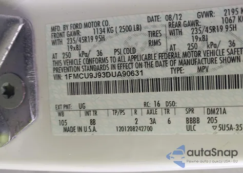 2013 Ford Escape Titanium z USA, uszkodzony, nr VIN 1FMCU9J93DUA90631